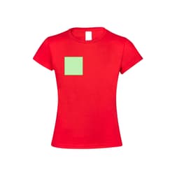 A red kids' t-shirt featuring a square patch in light green, with a logo on the t-shirt.