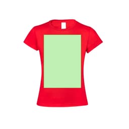 A red children's T-shirt featuring a blank green square for custom designs. It has a logo on the label.
