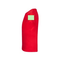 A red children's t-shirt featuring a green section on the upper arm. The shirt has a logo on it.