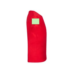 A bright red kids' T-shirt with a logo on the sleeve, featuring a simple, classic design.