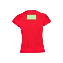 A red kids' t-shirt featuring a back label area and short sleeves, with a logo on the back.
