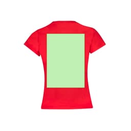 A red kids' t-shirt with a plain green rectangular space on the back and a logo on the front.