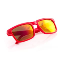 A pair of red sunglasses with reflective yellow lenses, featuring a sporty design and a logo on the frame.