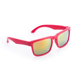 Bright red sunglasses with mirrored lenses, featuring a modern square design and a logo on the side.