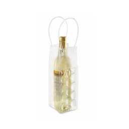 A drink bottle in a transparent cooler bag with a hexagonal design and two handles. The bottle is visible inside.
