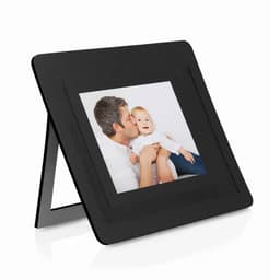 A black photo frame with a stand, displaying a picture of a man and a child.