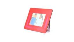 A vibrant red mousepad photo frame designed to hold a picture, featuring a stand and a sleek finish.