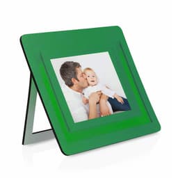 A green photo frame with a stand, displaying a photo of a man with a baby. It features a logo on the base.