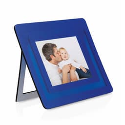 A blue mousepad photo frame featuring a picture of a man and a baby, designed for office use.