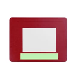 A red mousepad featuring a blank photo frame area and a green strip at the bottom, with a logo present.