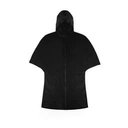 A black poncho with a hood and a logo, featuring a simple, streamlined design.