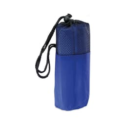 A blue poncho jacket in a mesh storage pouch with a drawstring closure. It features a logo on the pouch.
