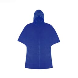 A blue poncho with a hood and a central zip, featuring a logo.