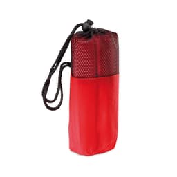 A red poncho stored in a mesh bag with a drawstring closure. Features a logo on the surface.