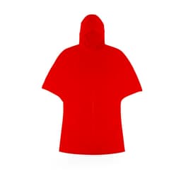 A red poncho with a hood, featuring a simple design and a logo. Suitable for outdoor wear.