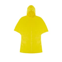 A yellow poncho with a hood and short sleeves, featuring a logo on the front.