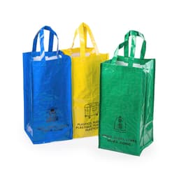 Three reusable bags in blue, yellow, and green, each with handles and branding at the bottom.