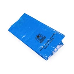A blue bag with a glossy finish and a logo. It is folded and features a simple design.