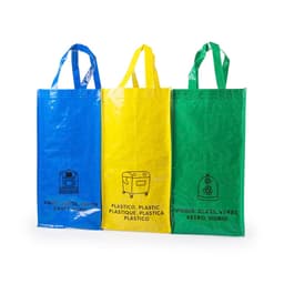 Three reusable bags in blue, yellow, and green, each with handles and a logo, designed for different recyclable materials.