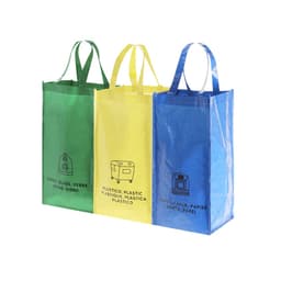 Three colourful bags in green, yellow, and blue with handles, featuring various icons and a logo on each bag.
