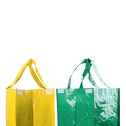 A yellow and green Lopack bag with multiple compartments and long handles. The bags have a glossy finish and feature branding.