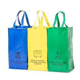 Three assorted bags in blue, yellow, and green, each featuring a logo and handles for easy carrying.