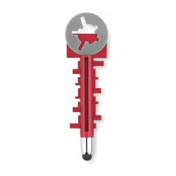 A red stylus pen shaped like a key, featuring a silver circular end and a logo on the surface.
