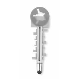 A stylus pen in silver with a round top and a sleek design. It features a small logo on the body.