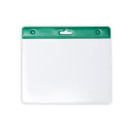 A clear name badge holder with a green top and a slot for attaching to a lanyard.