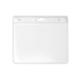 A clear plastic name badge holder with a top slot for attachment, featuring two round holes for clips or lanyards.