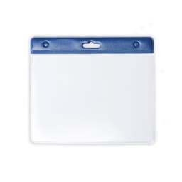 A clear, plastic name badge holder with a blue top and a slot for attachment.