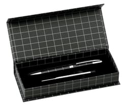 A metal pen in a black and silver design, presented in an open black grid-patterned gift box.