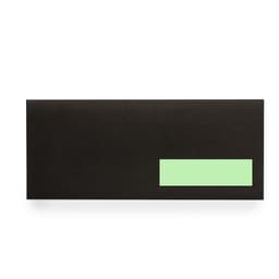 A black envelope with a mint green label. The surface is smooth and sleek, perfect for a professional presentation.