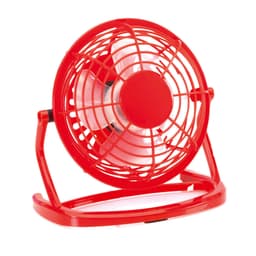 A red mini fan with a circular design and a sturdy base, featuring a logo on the front.