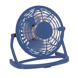 A blue handheld fan with a protective grille and a sturdy base, featuring a white fan blade design.