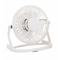 A white handheld fan with a circular design, mounted on a stable stand. It features a branding logo.