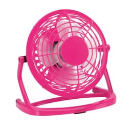 A pink handheld fan with a circular design and protective grille, featuring a sturdy stand.