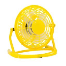 A yellow handheld fan with a circular design and white blades, featuring a sturdy stand and a protective grill.