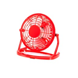 A red handheld fan with a circular grille and a sturdy base, featuring a logo on the front.