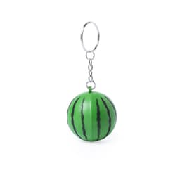 A green watermelon-shaped stress keyring featuring black stripes, attached to a silver keychain.