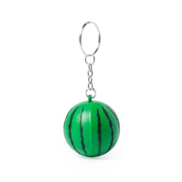 A green watermelon-shaped stress keyring with black stripes, attached to a metal keychain.