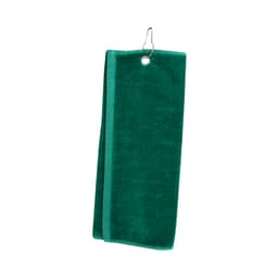 A green golf towel with a hanging loop, featuring a soft texture and a solid colour.