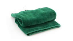 A green golf towel, neatly folded, featuring a loop for hanging and a logo on the side.
