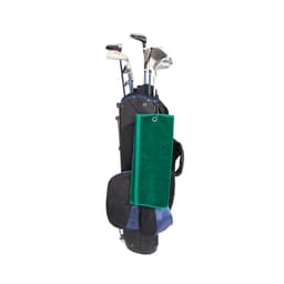A green towel hangs from the side of a golf bag filled with clubs. The bag features blue and black accents and a logo.