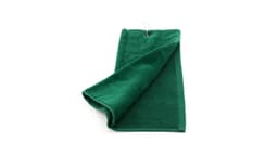 A green golf towel with a hook for easy attachment. It features a soft, textured surface.