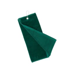 A dark green golf towel with a loop for hanging. Soft, plush fabric ideal for drying equipment.