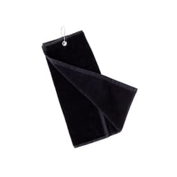 A black golf towel with a hanging loop, featuring a soft, absorbent texture and finished edges.