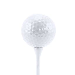 A white golf ball resting on a wooden tee. The ball features a dimpled surface and includes a logo.