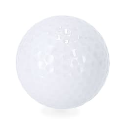 A white golf ball featuring a dimpled surface, with a logo displayed on it.