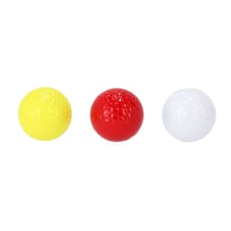 A set of three golf balls in yellow, red, and white, featuring a dimpled texture.